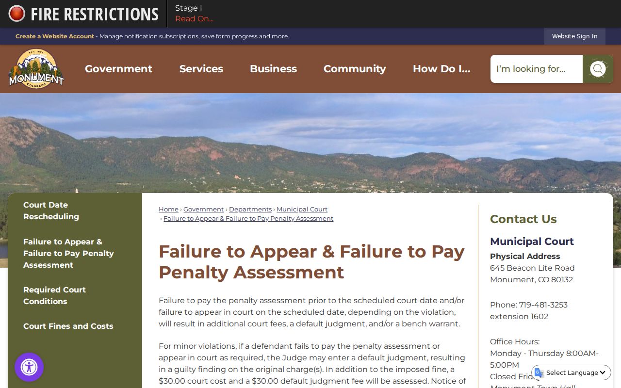 Monument failure-to-appear bench warrant and fee guidance