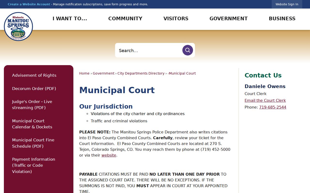 Manitou Springs warrant records Municipal Court information