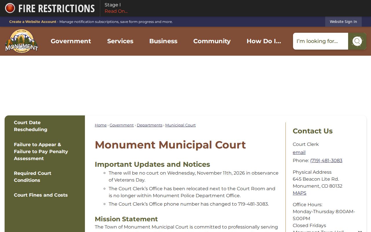 Monument Municipal Court location hours and clerk contact information
