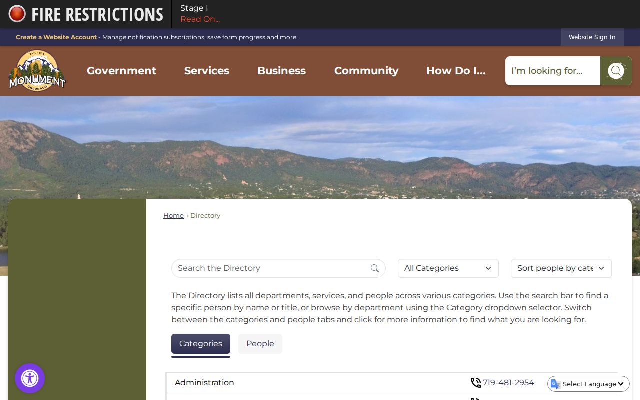 Monument town directory contact information for police and court routing