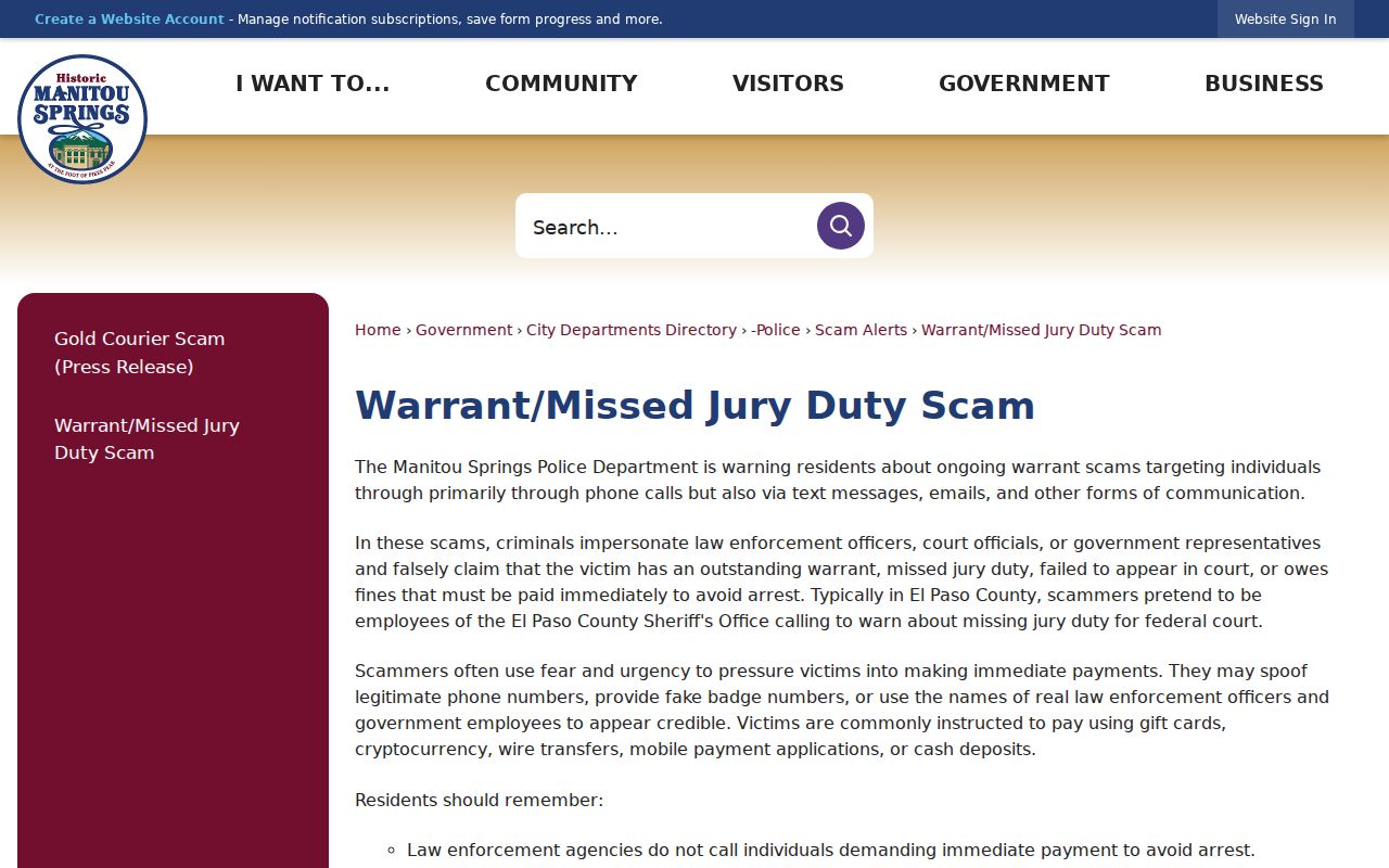 Manitou Springs warrant scam warning and verification guidance
