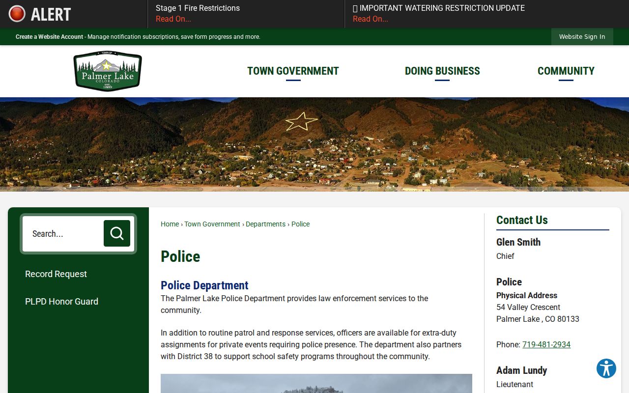 Palmer Lake Police contact and dispatch information